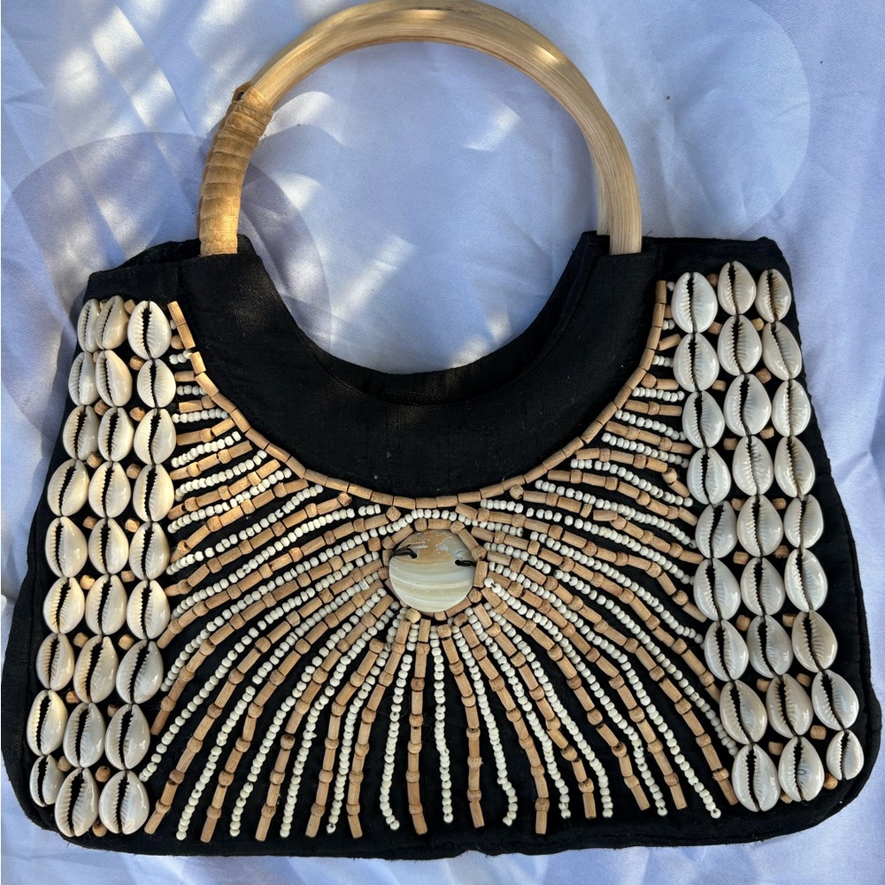 Purse Black w/Beads, Cowrie Shells Wooden Handle Boho Handbag Whitehouse Market